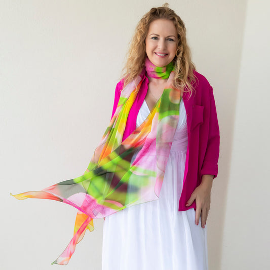 tulips silk scarf with white dress & hot pink jacket by seahorse silks