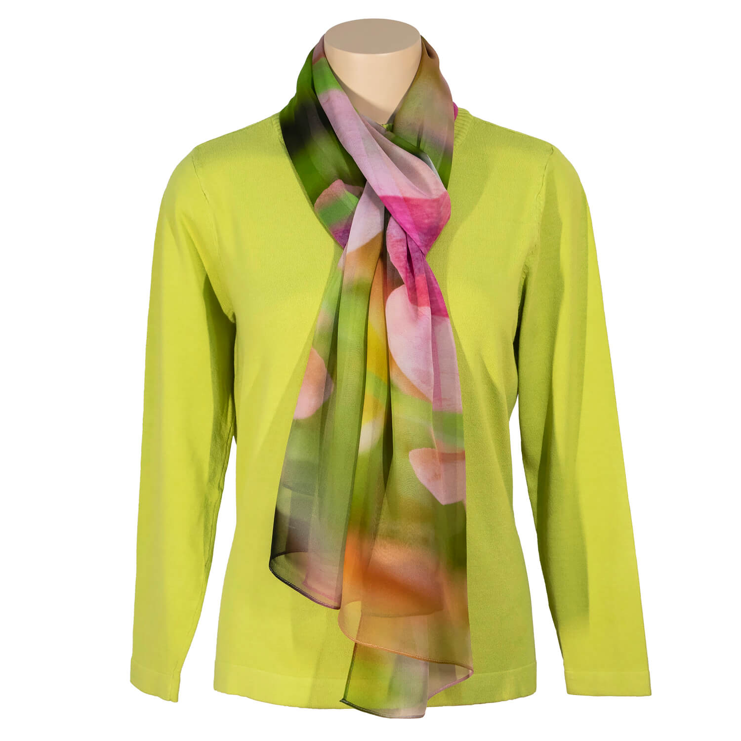 tulips silk scarf by seahorse silks with lime green jumper