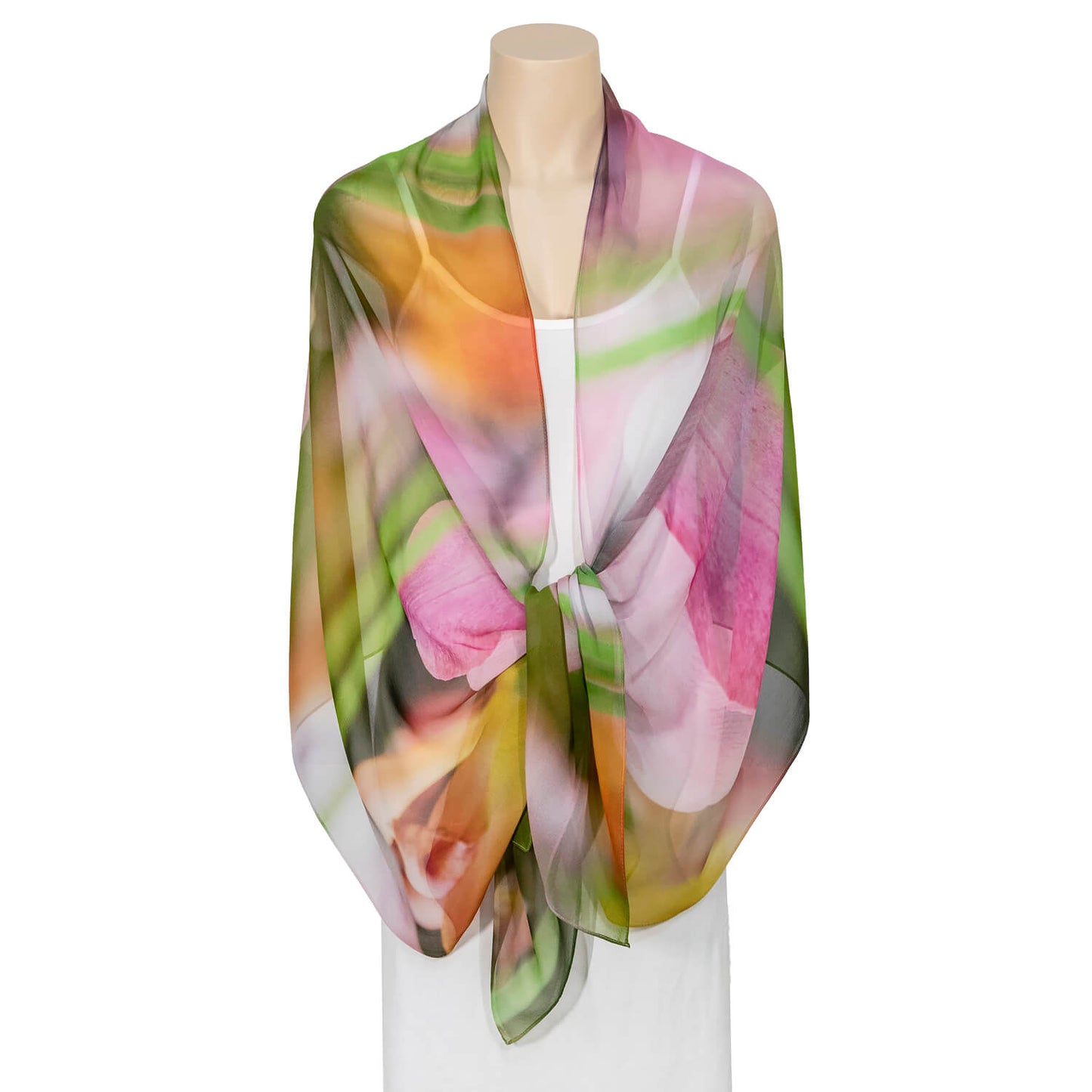 tulips silk scarf by seahorse silks worn as shawl over white dress