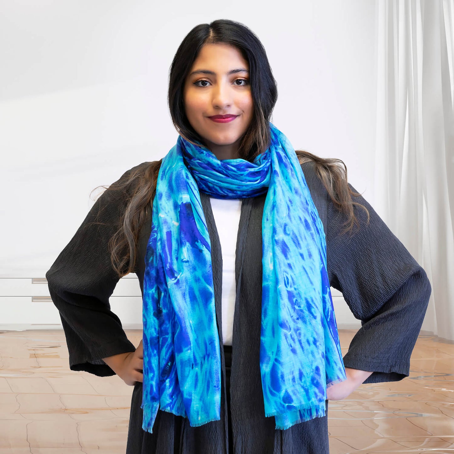 ultra blue cashmere wool scarf with dark grey coat