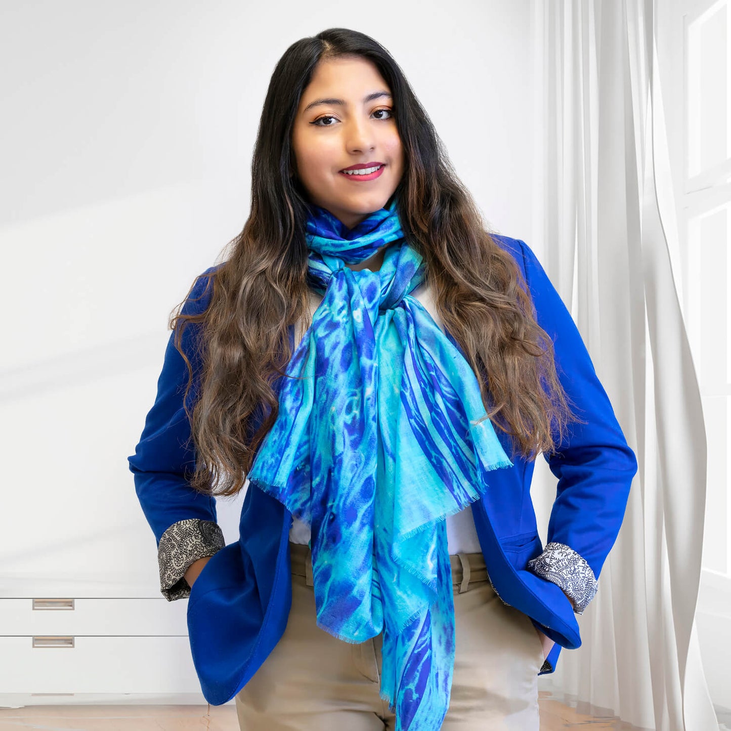 ultra blue cashmere wool scarf with royal blue jacket