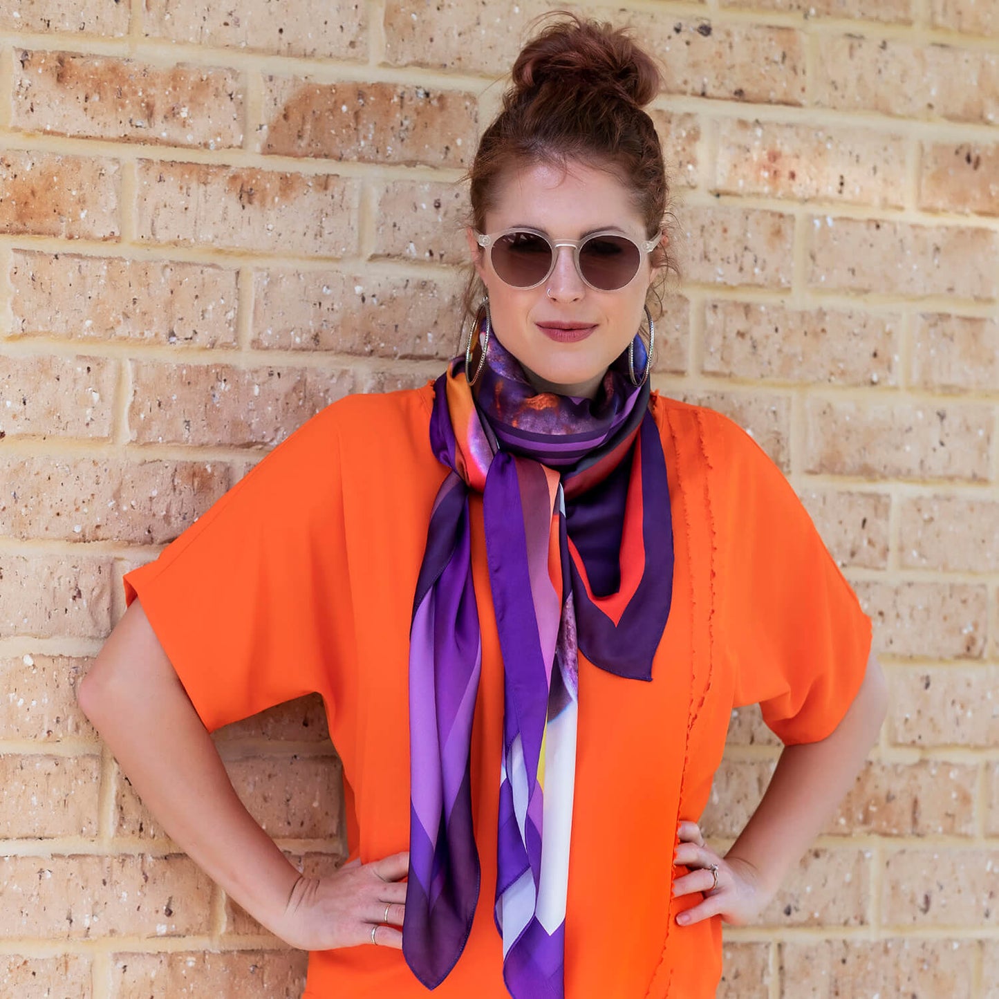 vino large square scarf by seahorse silks with coral top