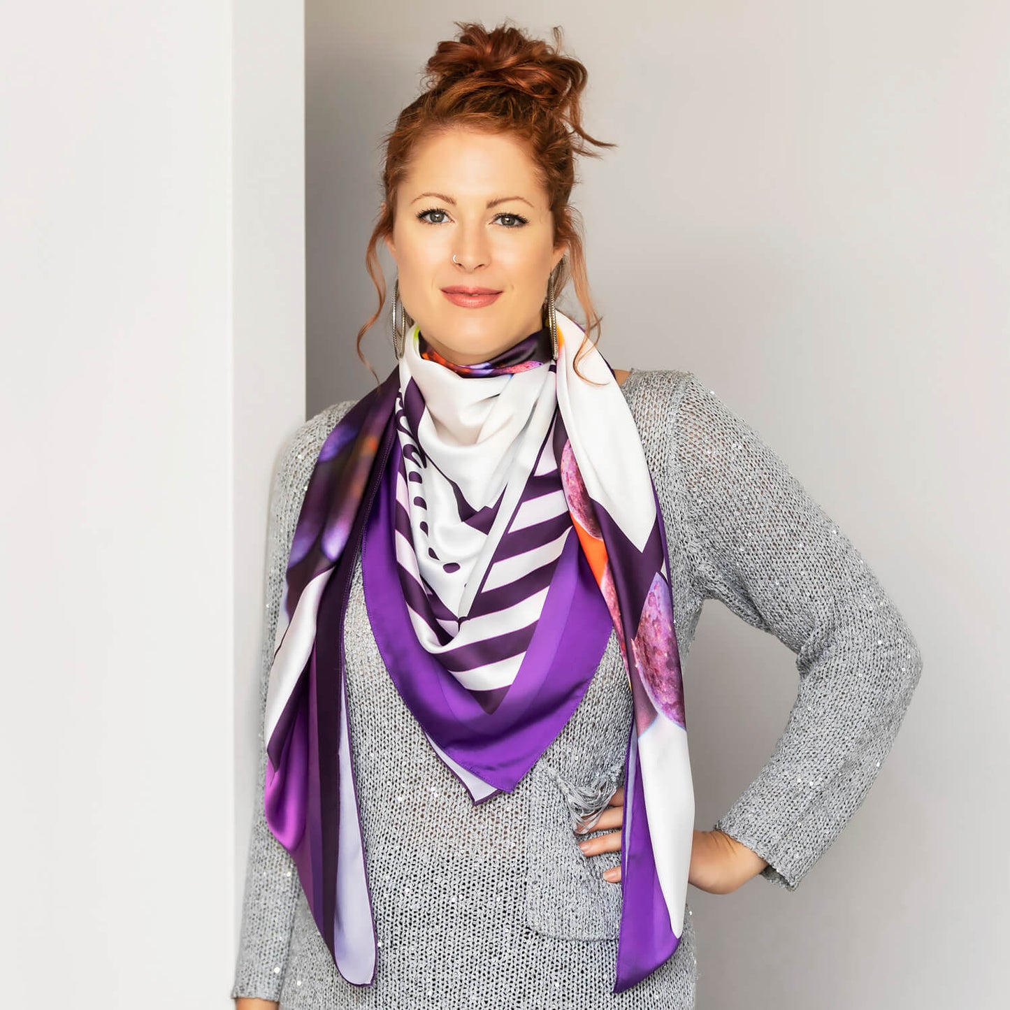 vino large square scarf by seahorse silks with silver jumper