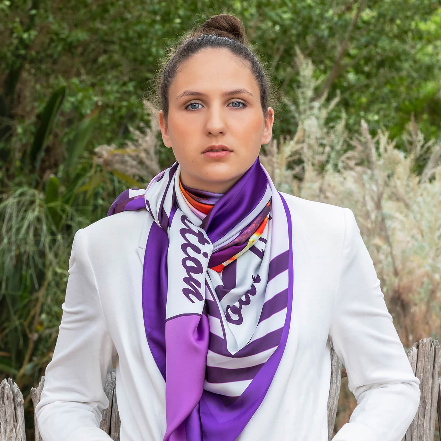 vino square scarf with white jacket by seahorse silks