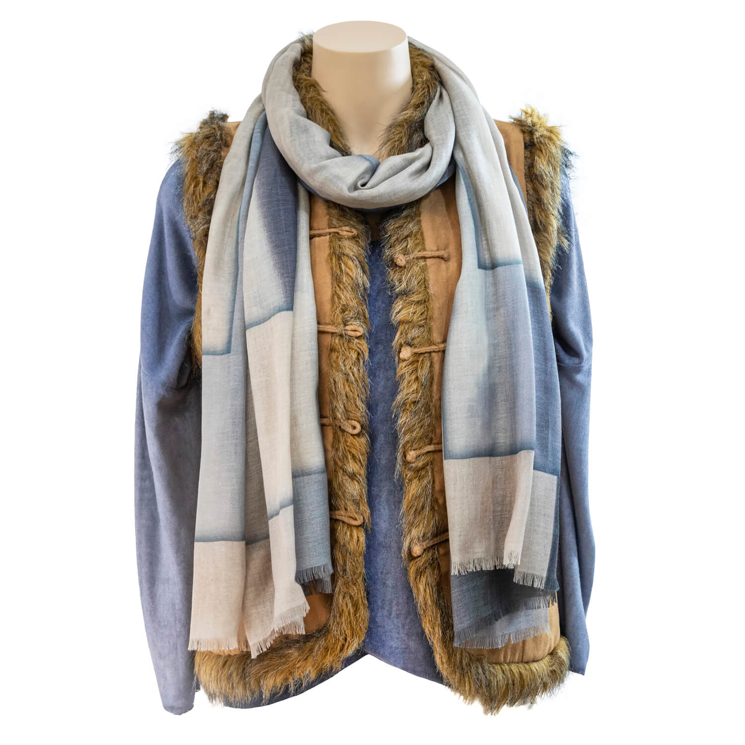 winter dune wool silk scarf with blue top & tan vest